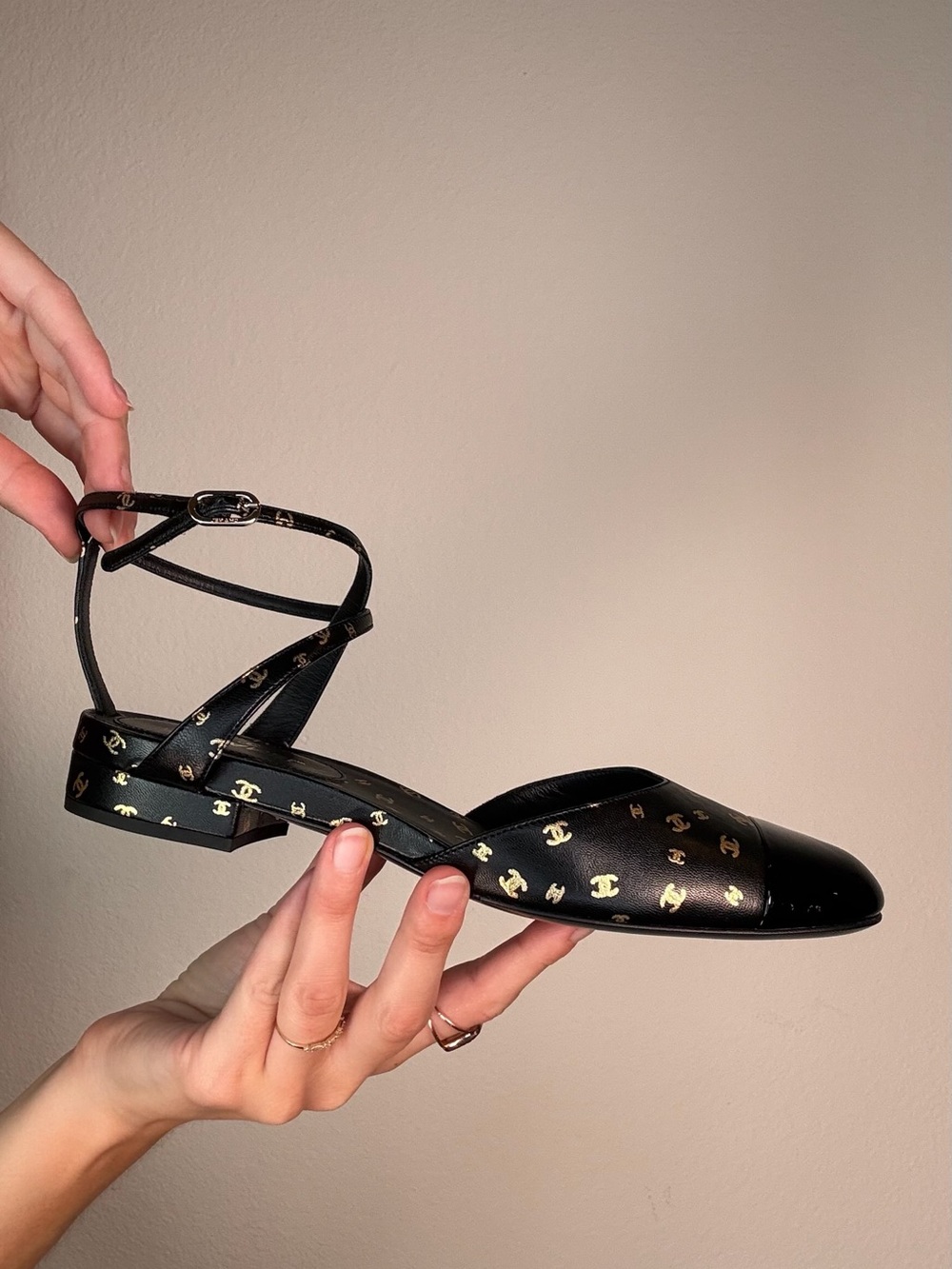 CHANEL Black Ankle-Strap Flat with Gold CC